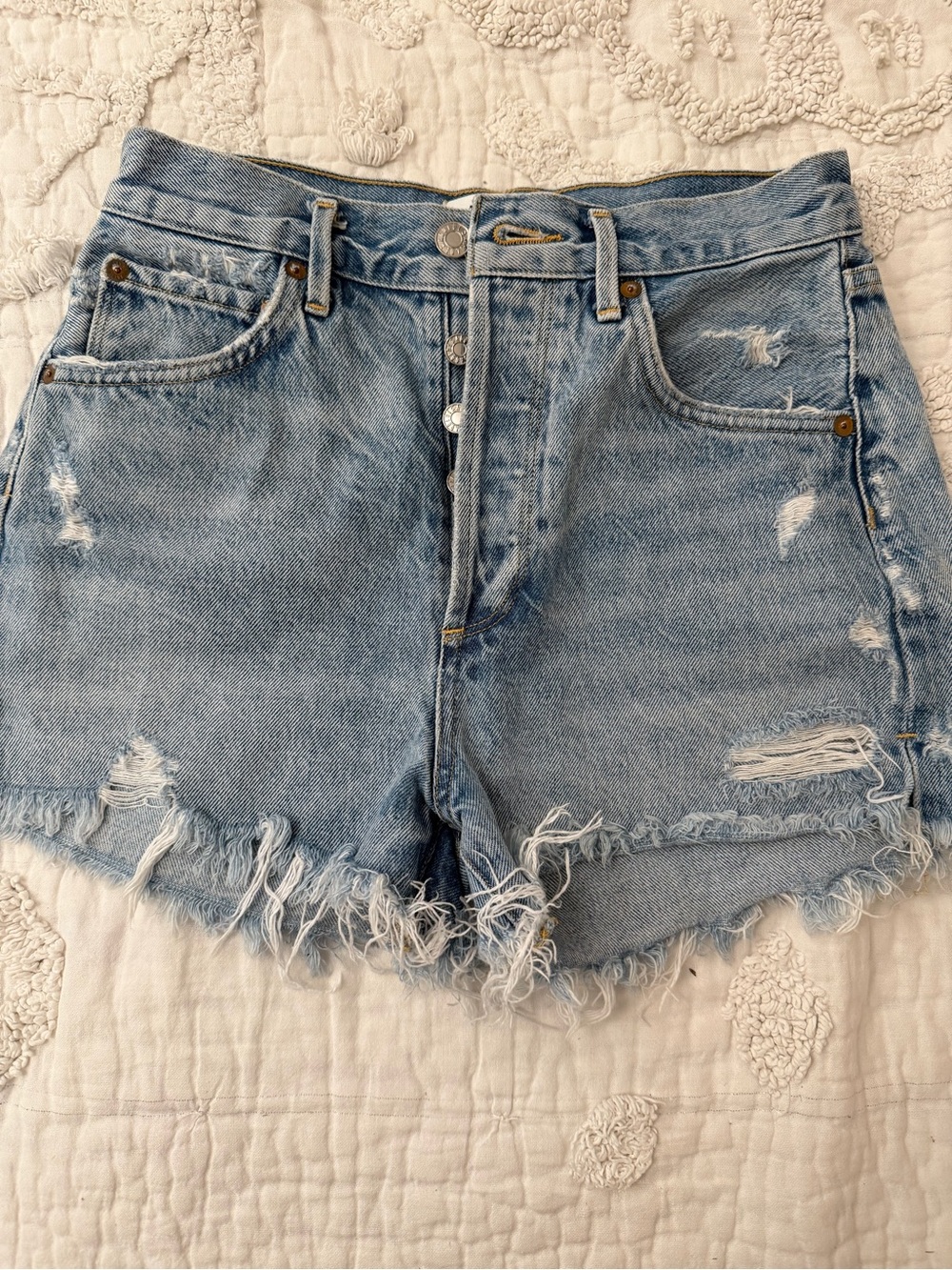 AGOLDE High-Rise Distressed Denim Shorts - Light Blue size 25